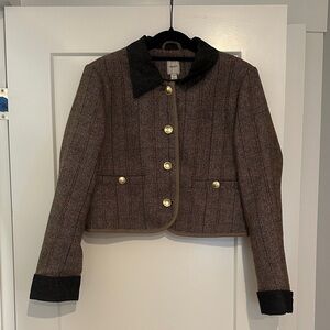 Maeve Brown Herringbone Blazer with Gold Accents